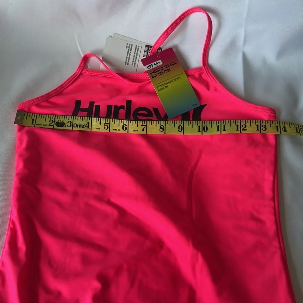 NWT Hurley Big Girl's L 12/14 Bright Neon Pink Swimsuit 1 Pc Halter Tank Beach